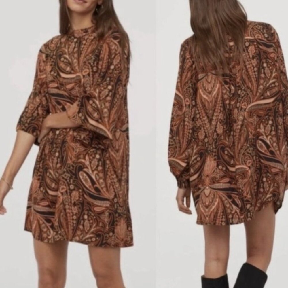 Richard Allen x H&M Psychedelic Paisley Retro 70s Orange Black Flowy Dress‎ 10